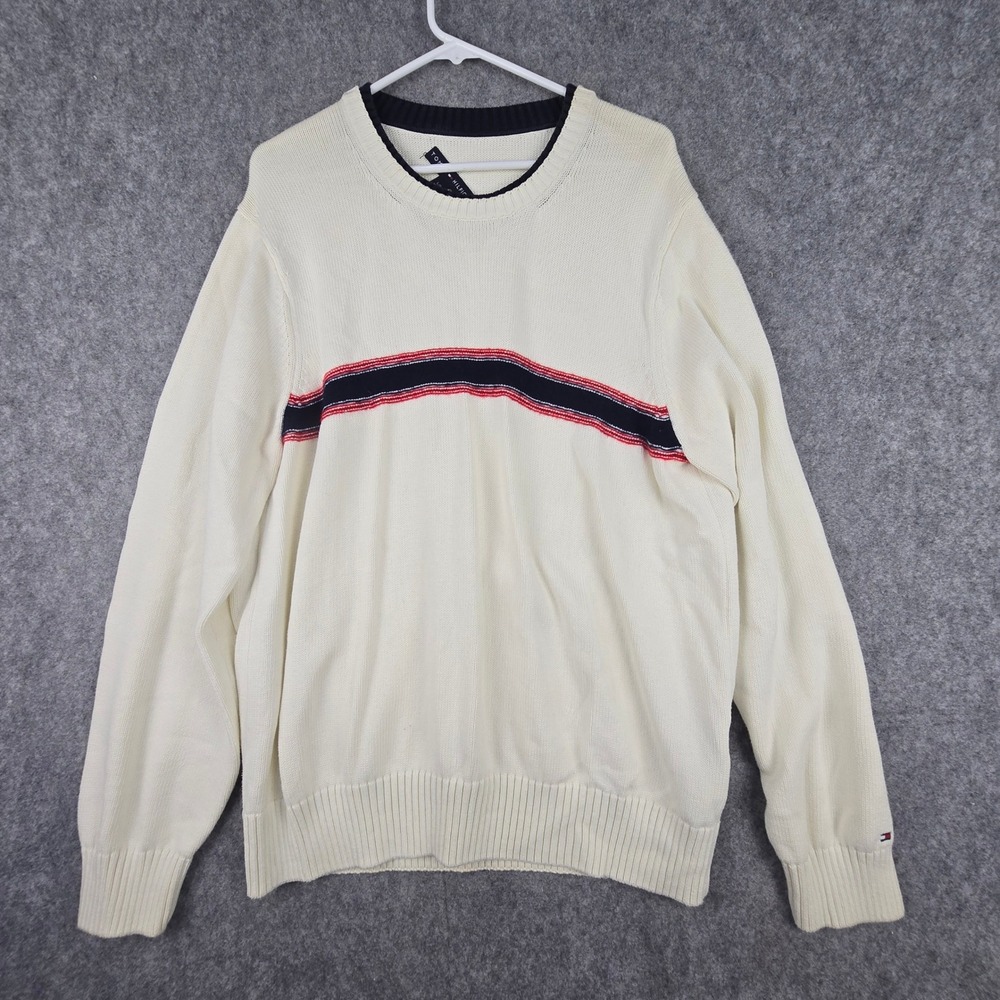 Vtg 90s Tommy Hilfiger Striped Crewneck Sweater Mens L Off White Cotton Knit HK